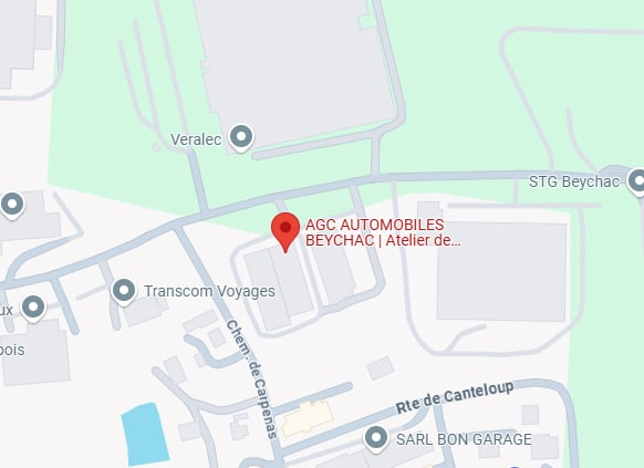 Carte affichant l'emplacement d'AGC AUTOMOBILES BEYCHAC et son atelier, situé à proximité de Veralec et Transcom Voyages sur Chem. de Carpenas.