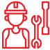 Icône rouge stylisée d'un technicien avec casque devant un grand équipement, symbolisant maintenance ou service.