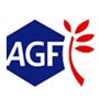 Logo AGF, hexagone bleu avec lettres AGF, symbole végétal rouge stylisé. Représente l'entreprise.