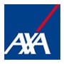 Logo AXA assurance sur fond bleu avec texte blanc et ligne rouge diagonale.