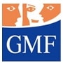 Logo GMF avec trois profils de visages orange sur fond bleu ondulé et texte GMF en blanc.