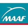 Logo MAAF avec un symbole blanc incurvé rappelant une aile ou un oiseau, un point rouge. Le texte MAAF est en blanc.