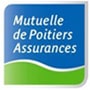 Logo Mutuelle de Poitiers Assurances. Fond bleu et vert avec texte blanc sur 3 lignes.